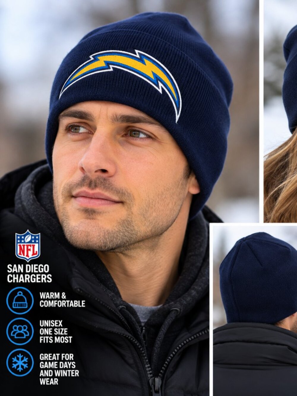 SAN DIEGO CHARGERS NFL KNIT BEANIE – NAVY BLUE – $29